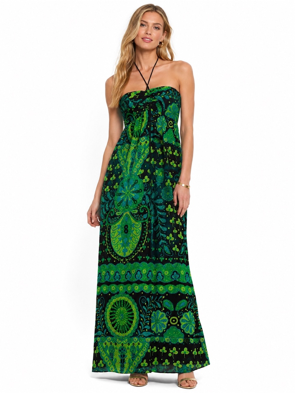 Betsey Johnson 100% Silk Strapless Halter Maxi Dress Green Black Print 2 Vintage